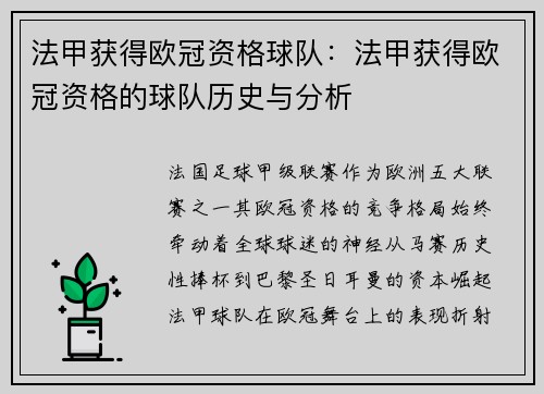 法甲获得欧冠资格球队：法甲获得欧冠资格的球队历史与分析