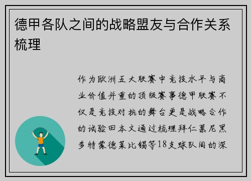 德甲各队之间的战略盟友与合作关系梳理