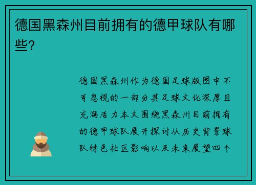德国黑森州目前拥有的德甲球队有哪些？