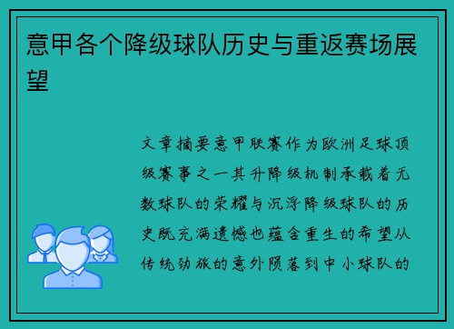 意甲各个降级球队历史与重返赛场展望