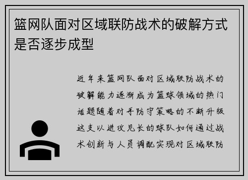 篮网队面对区域联防战术的破解方式是否逐步成型